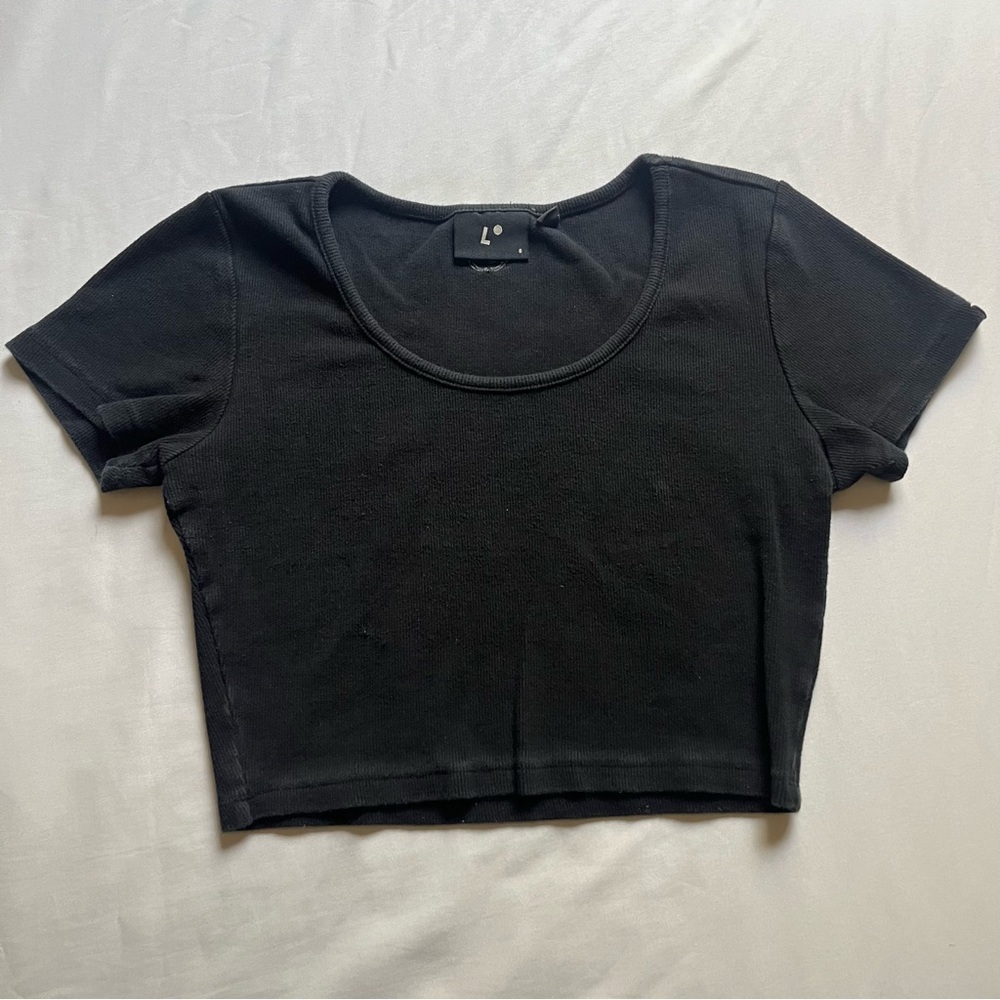 LAZY OAF black crew neck rib knit cropped cotton elastane T-shirt